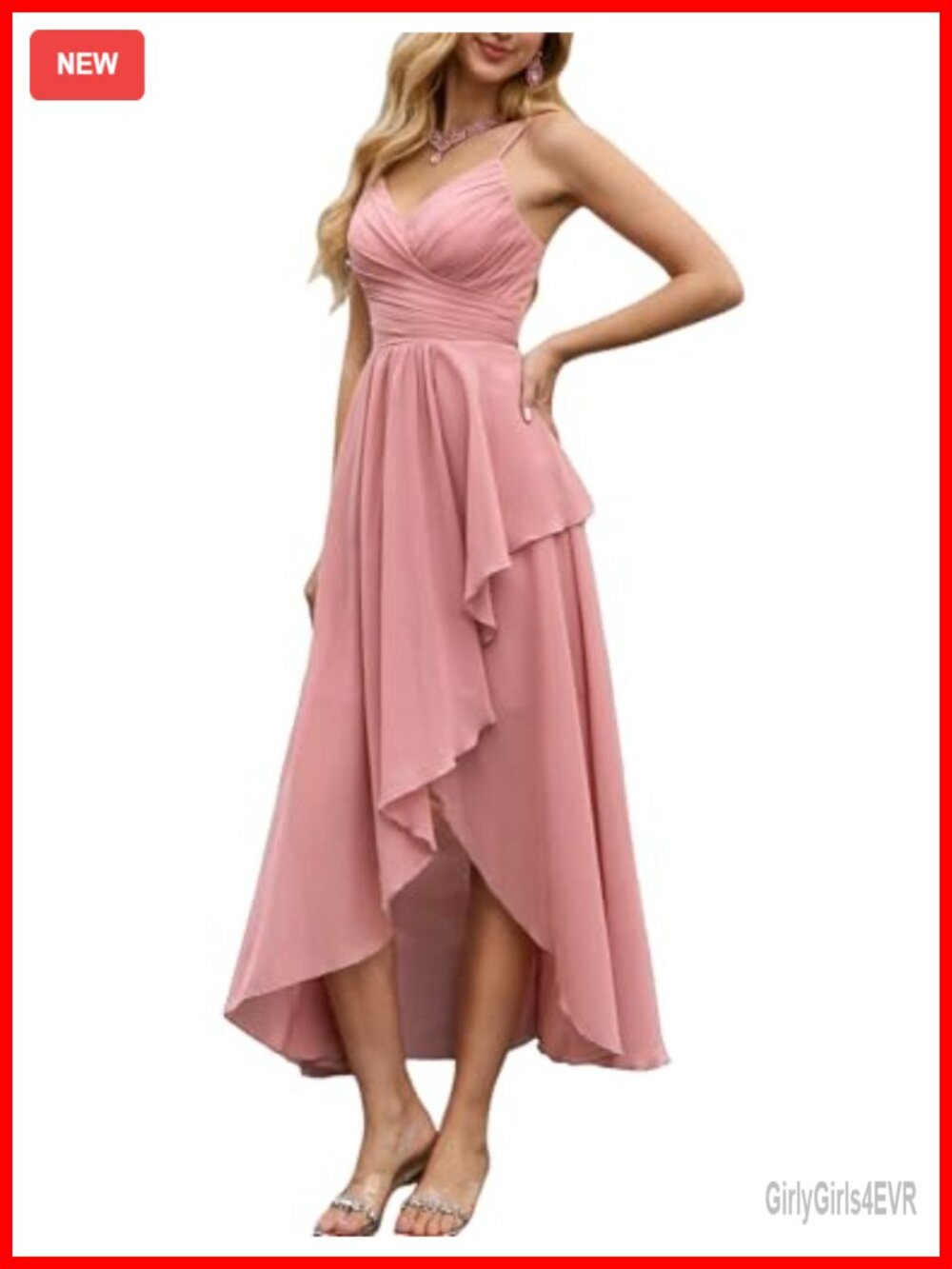 V-Neck Sleeveless Chiffon Maxi Dress High-Low Ruffled Hem Formal Gown